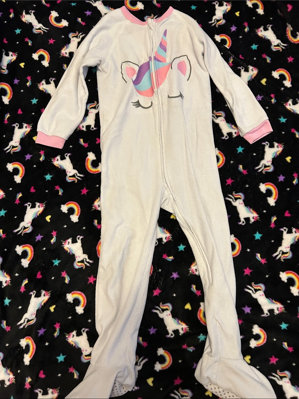 Girls' White Unicorn Zip-Up Footed One-Piece Pajamas with Pink Trim